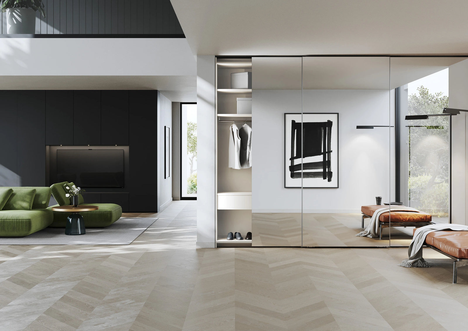 Modern living room with a stylish wardrobe from Interlubked, German furniture brand.